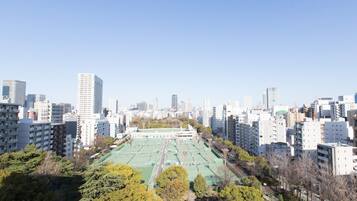 A cityscape with high-rise buildings, a large green sports field, and surrounding trees.