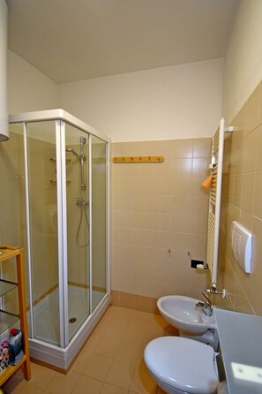 Shower, hair dryer, bidet, towels