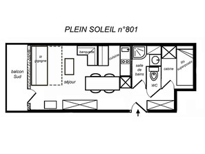 A floor plan of a hotel room labeled "PLEIN SOLEIL n° 801" with a balcony, sitting area, kitchenette, bathroom, and WC. - Cozy South-Facing Studio Cabin with Balcony (Méribel)