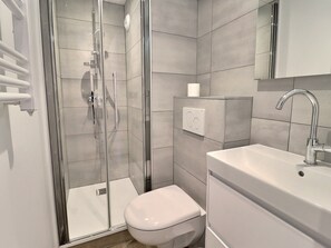 A modern bathroom with a glass-enclosed shower, a toilet, and a sink with a mirror above.