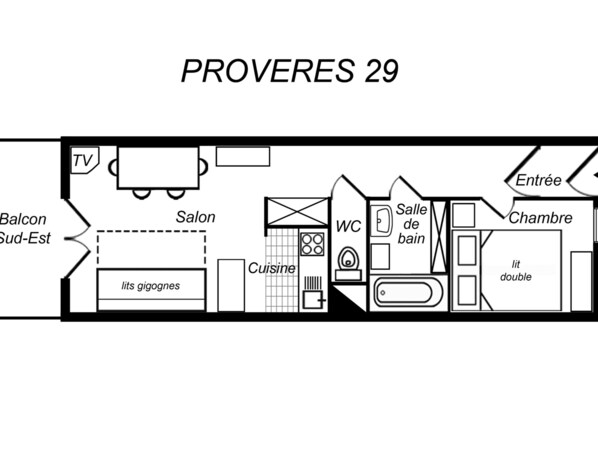 A floor plan of a hotel named PROVERES 29, featuring a balcony, salon, kitchen, WC, bathroom, and double room. - Cozy 2-room apt for 4 on the slopes in Méribel (Méribel)