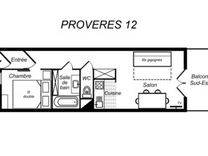 A floor plan of a hotel with labeled rooms including a double room, bathroom, kitchen, and a balcony area. - 2 Rooms Ideally Located Ski-In Ski-Out - Méribel (Méribel)