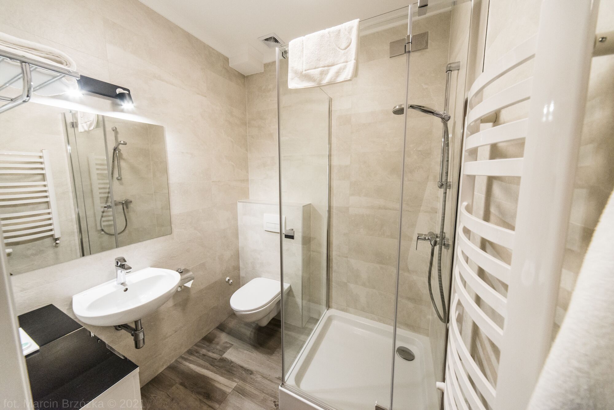 A modern bathroom with a glass-enclosed shower, a white sink, and a toilet.