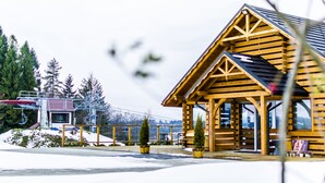 A wooden lodge with a sloped roof, large windows, and a covered outdoor area.