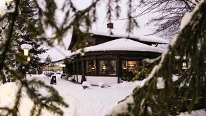 A snow-covered building with a wooden facade, large windows, and a snow-covered roof. - Gasthof Waldcafe (Mayrhofen)