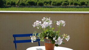 A potted plant with flowers on a table with a blue chair. - San Domenico Residence (Syracuse)