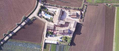 An aerial view of a farm with fields, a road, and a building with a swimming pool.