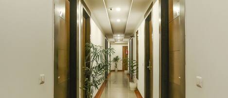 A long, well-lit hallway with doors on both sides, potted plants, and a tiled floor.