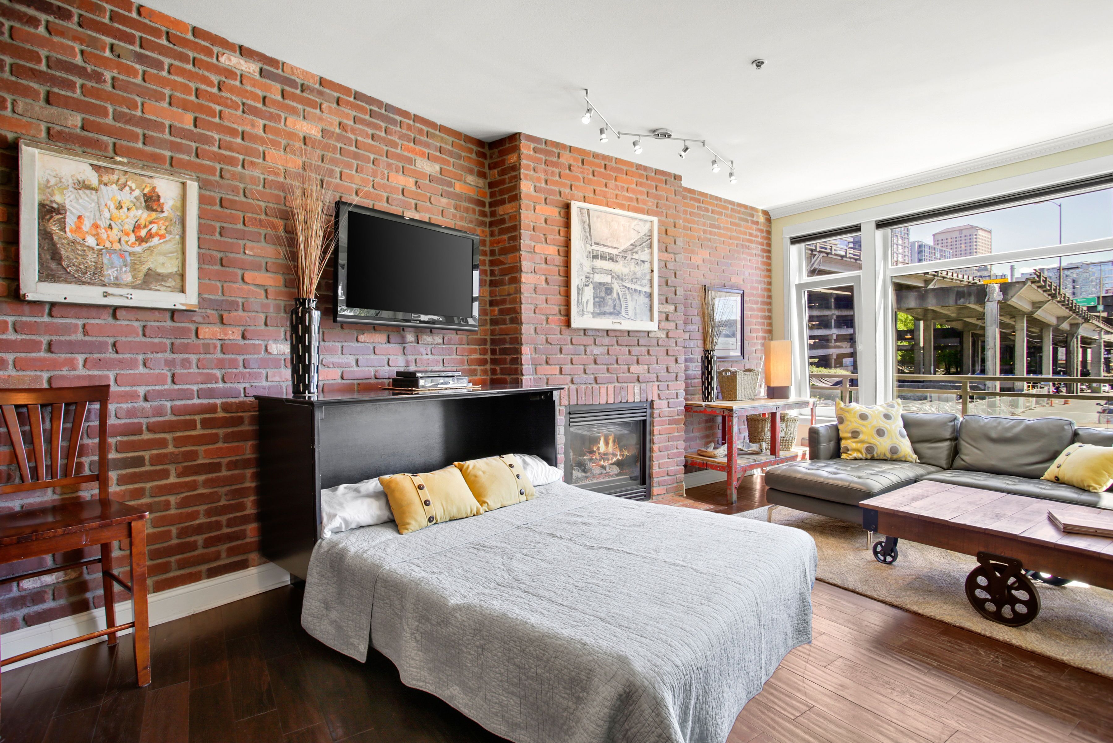 Smart TV, fireplace, books