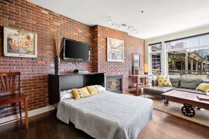 Smart TV, fireplace, books