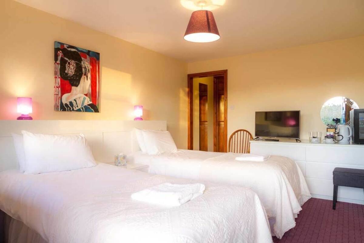 A hotel room with two beds, a TV, a desk, and a painting on the wall.