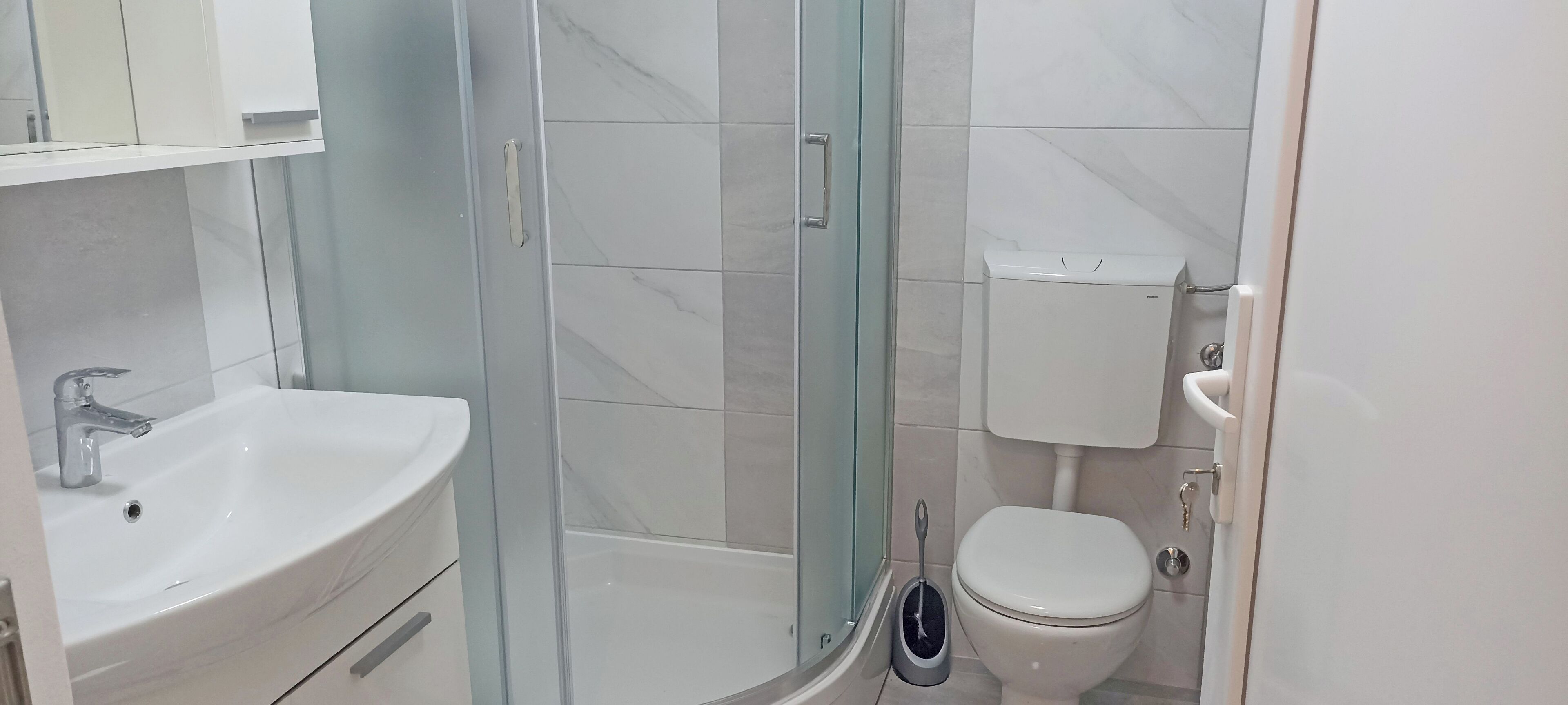 A bathroom with a glass-enclosed shower, a white sink, and a toilet.