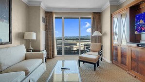 A hotel room with a sofa, armchair, and TV, large windows with a city view, and a patterned carpet.
