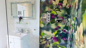Shower, hair dryer, towels, soap
