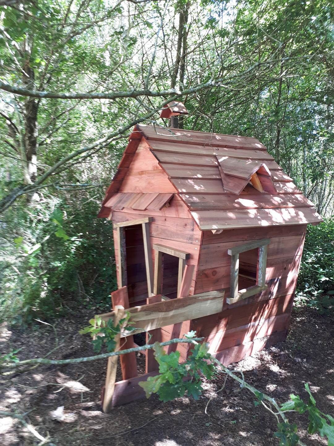 A wooden birdhouse with a sloped roof and a small entrance, surrounded by dense foliage.