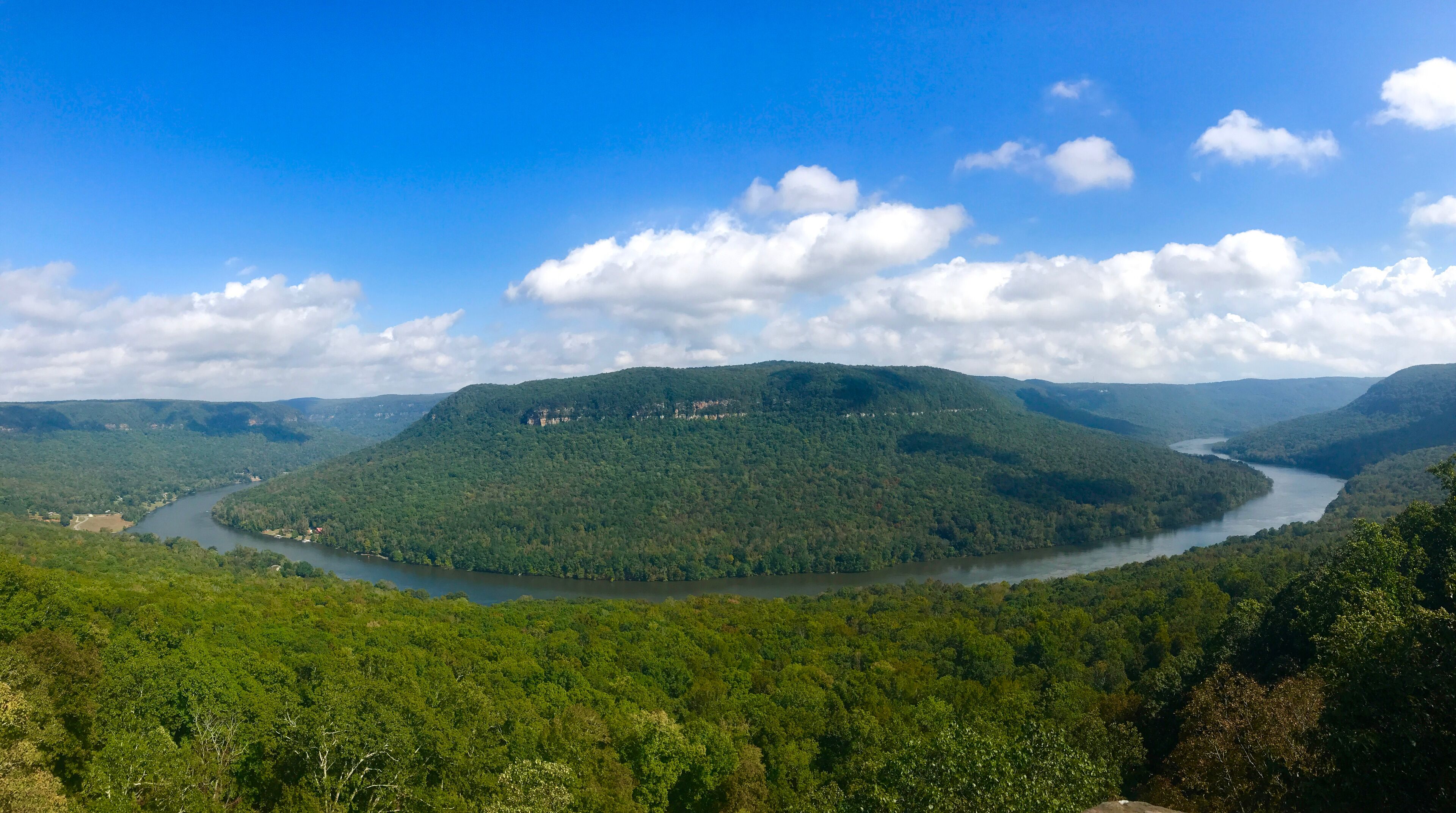 A river winding through a densely forested valley with a prominent hill in the background.