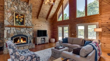 Smart TV, fireplace, books