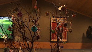 A potted Christmas tree with ornaments inside a building. - Lake front home private dock (Paso Robles)