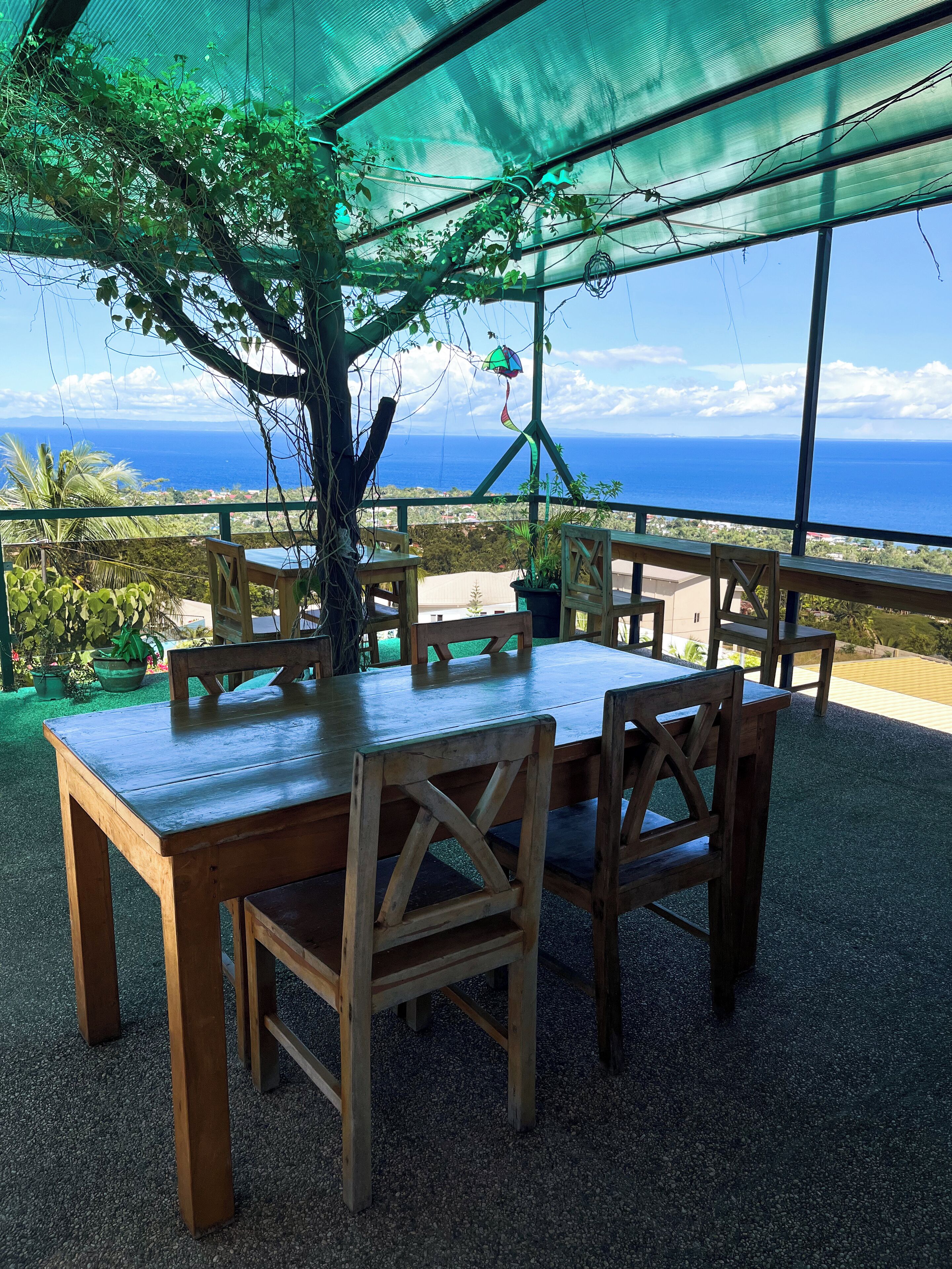An outdoor dining area with wooden tables and chairs, a tree, and a view of the ocean.