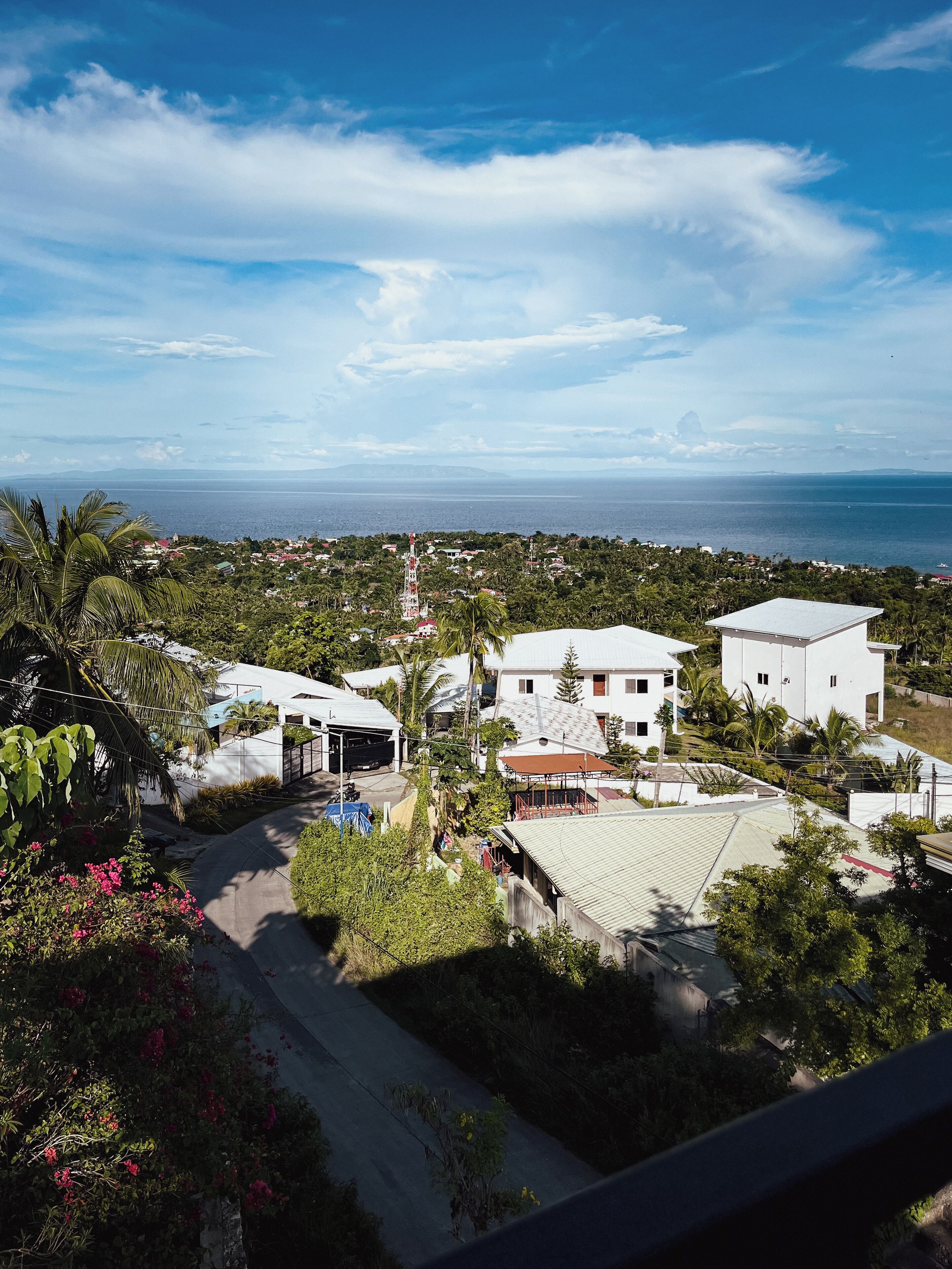 A coastal residential area with houses, a prominent communication tower, and a view of the sea.