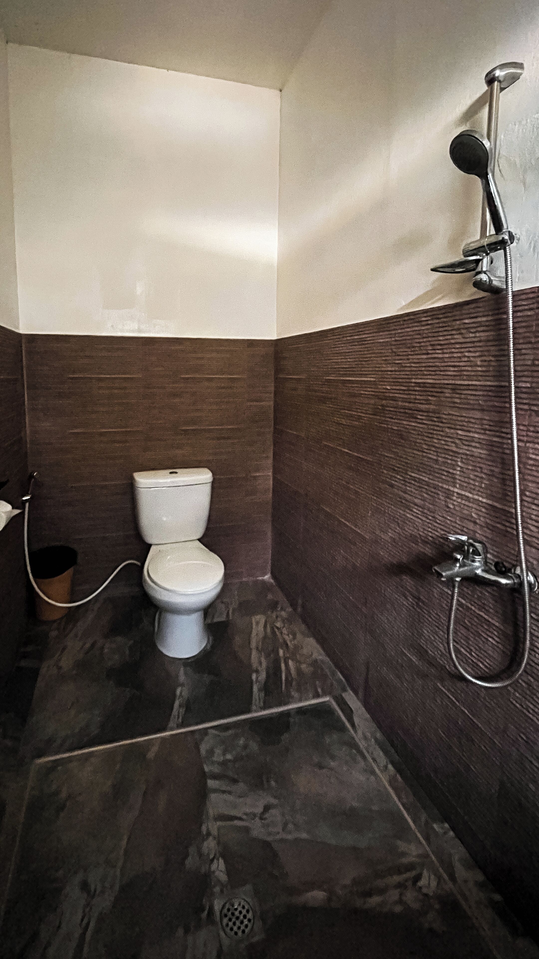 A bathroom with a toilet, a shower, and a marble floor.