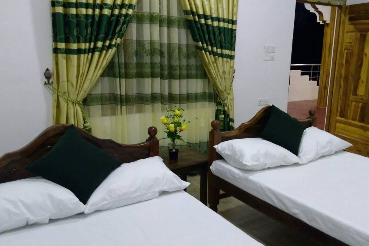 Una habitación con dos camas individuales, un cabecero de madera, una mesita con un florero y una puerta de madera.