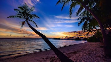 On the beach, sun loungers, beach umbrellas, beach towels