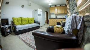 A compact living space with a sofa, a television, a kitchen area, and a patterned rug. - Kastro Konak Boutique Otel (Gökçeada)