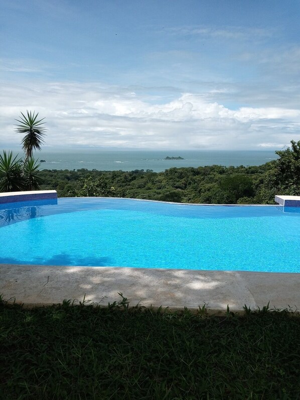 Outdoor pool, an infinity pool, pool umbrellas