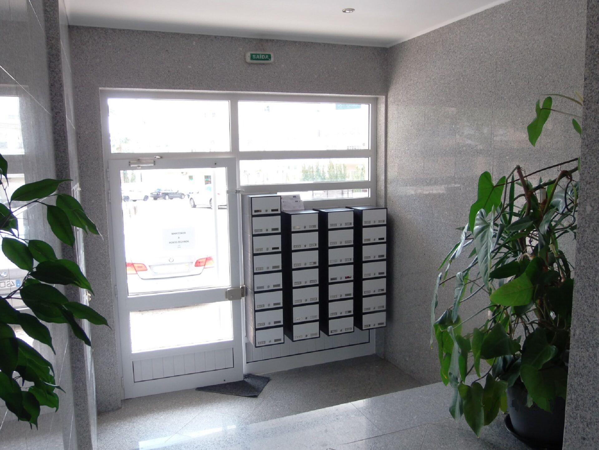 Zona de recepción con puerta de cristal, una planta y un mueble de almacenamiento con varios cajones.
