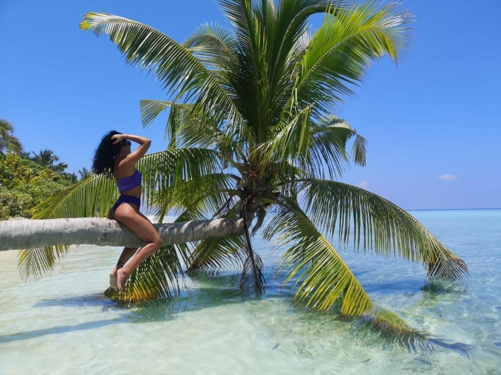 A person sitting on a palm tree branch over clear water.