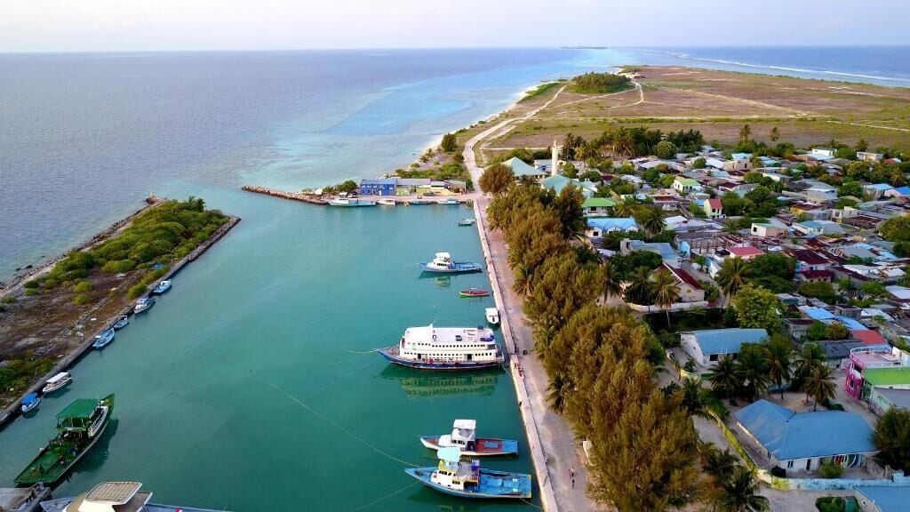 An aerial view of a coastal town with a marina, boats, and houses.