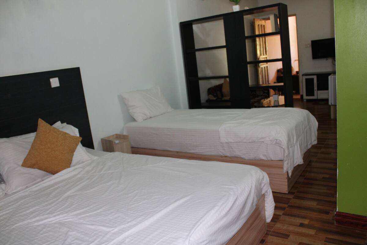 Dos camas individuales con sábanas blancas y almohada marrón, una mesita de noche de madera, una estantería y un televisor en la pared.