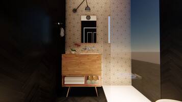 Badezimmer | Dusche, kostenlose Toilettenartikel, Haartrockner, Hausschuhe