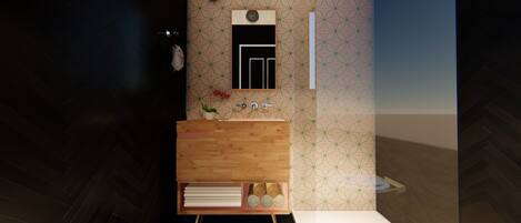 A modern bathroom with a wooden vanity, a mirror, and a sink.
