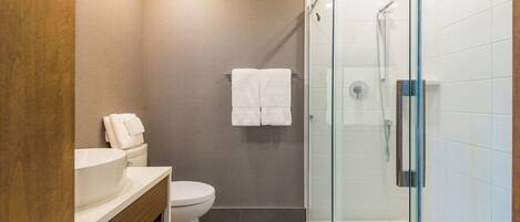 A modern bathroom with a glass-enclosed shower, a white sink, and a toilet.