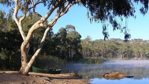 A calm lake with a boat on the shore, surrounded by trees and a clear sky.
