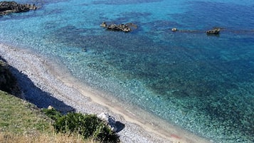 On the beach, sun loungers, beach towels