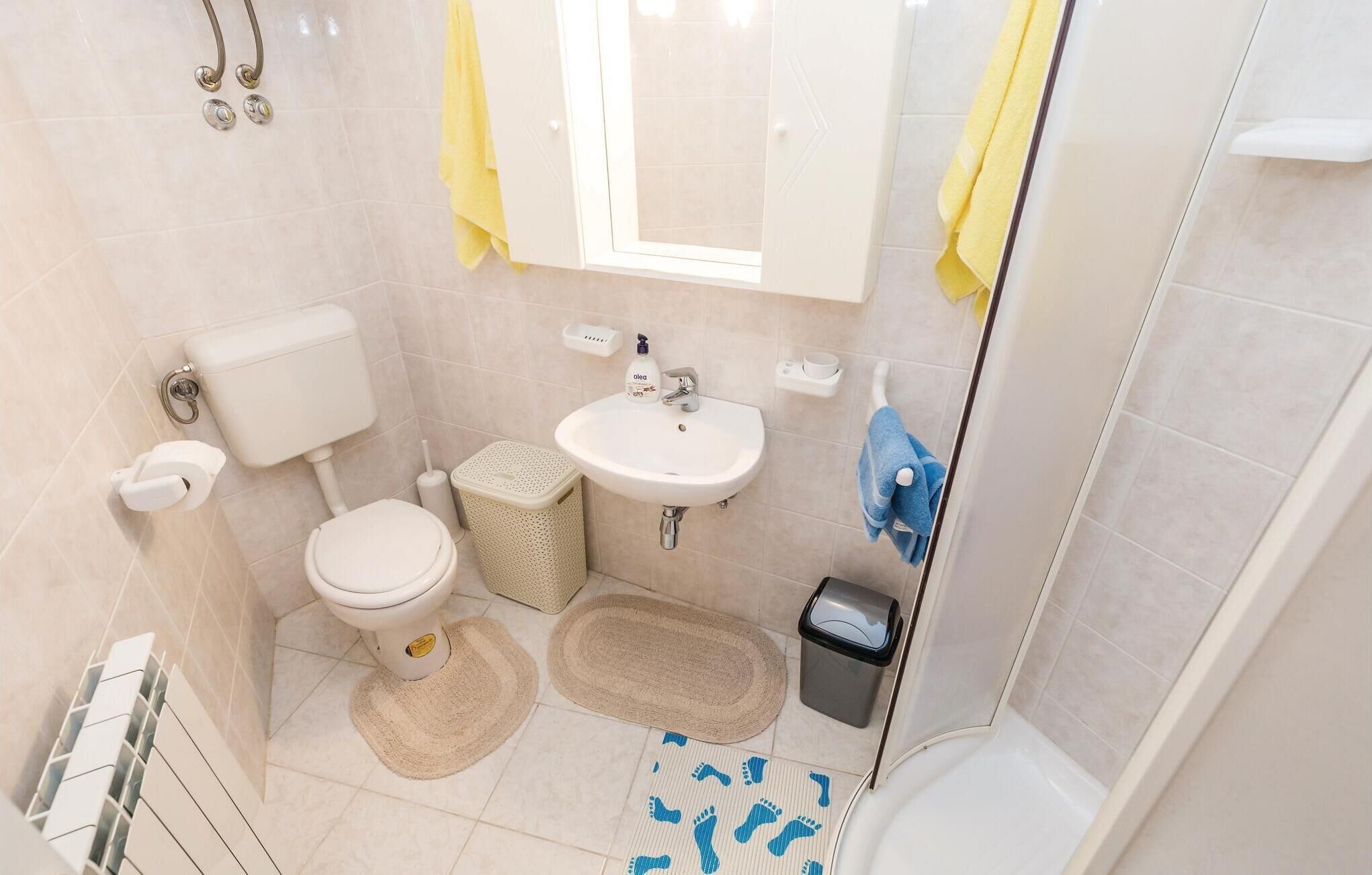 Une salle de bain avec des toilettes, un lavabo et une douche.