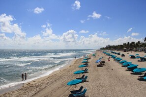 Plage à proximité, chaises longues, serviettes de plage
