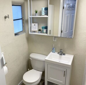 A small bathroom with a toilet, a sink, a mirror, and a window. - Weekends are best spent at the Beach! (Bradenton)