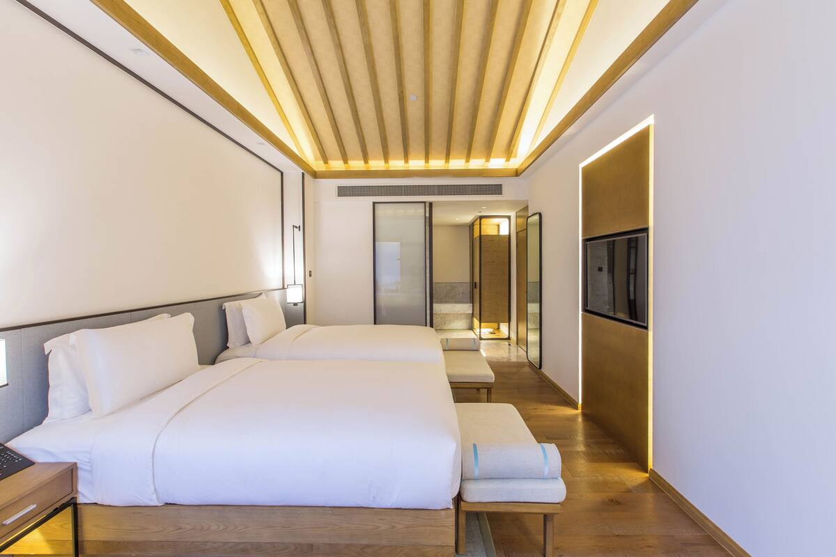 Una habitación de hotel moderna con dos camas, un televisor y piso de madera.