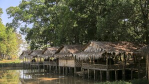 A series of thatched-roof huts with wooden walkways over water, surrounded by dense trees. - Moe Yun Gyi Wetlands Resort (Bago)