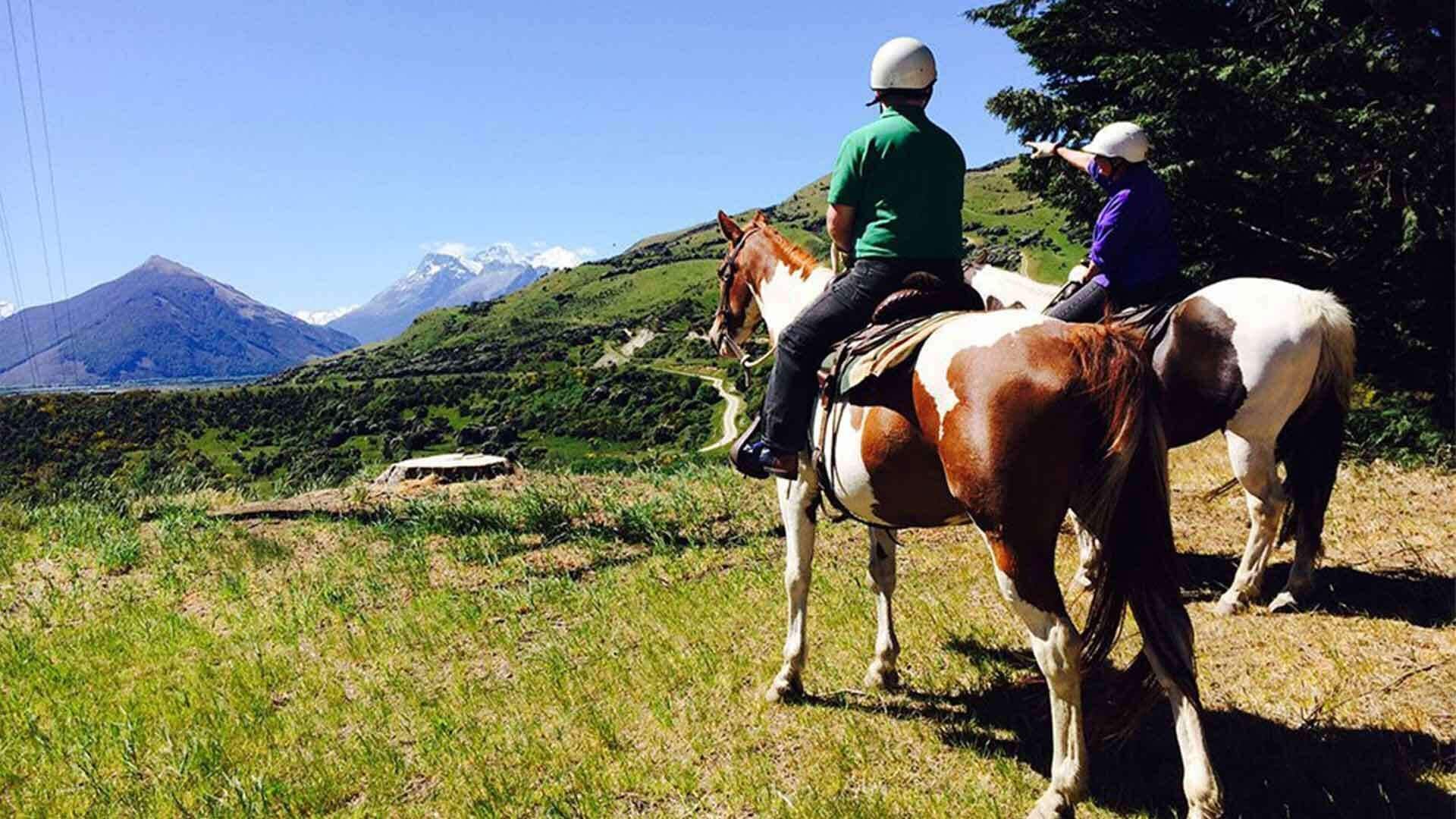 Two people on horseback in a grassy area with a mountain in the background.