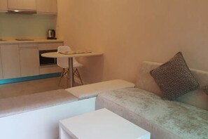 A compact living space with a kitchenette, a sofa, a small table, and a chair.