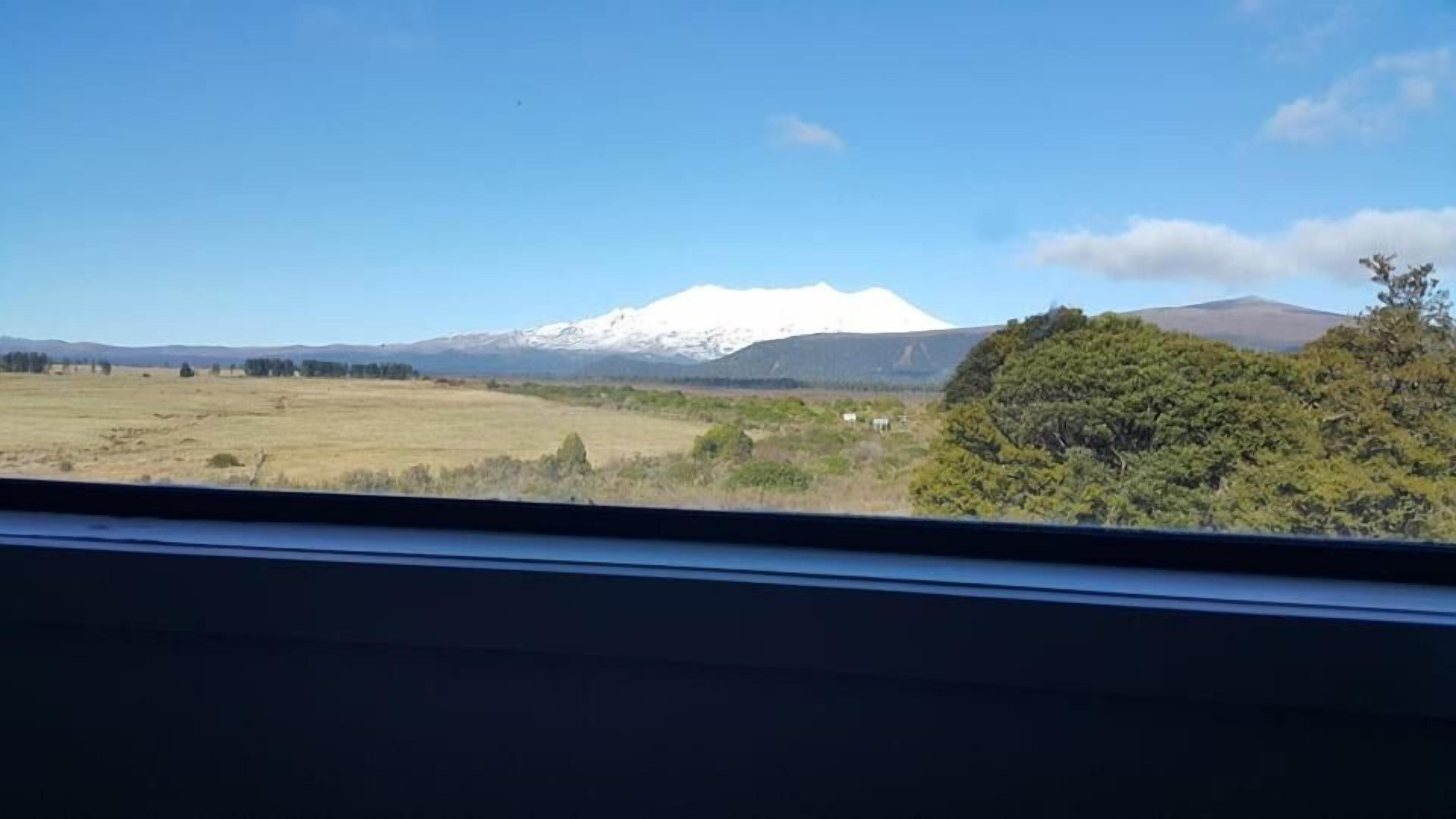 Uitzicht vanuit een voertuigraam op een met sneeuw bedekte berg, een grasveld en een dichte groene struik.