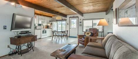 TV, fireplace, books