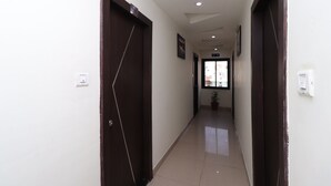A hallway with two wooden doors, a potted plant, and a ceiling light.
