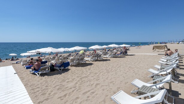 A beach with rows of white lounge chairs and umbrellas, a sandy beach, and the ocean in the background.
