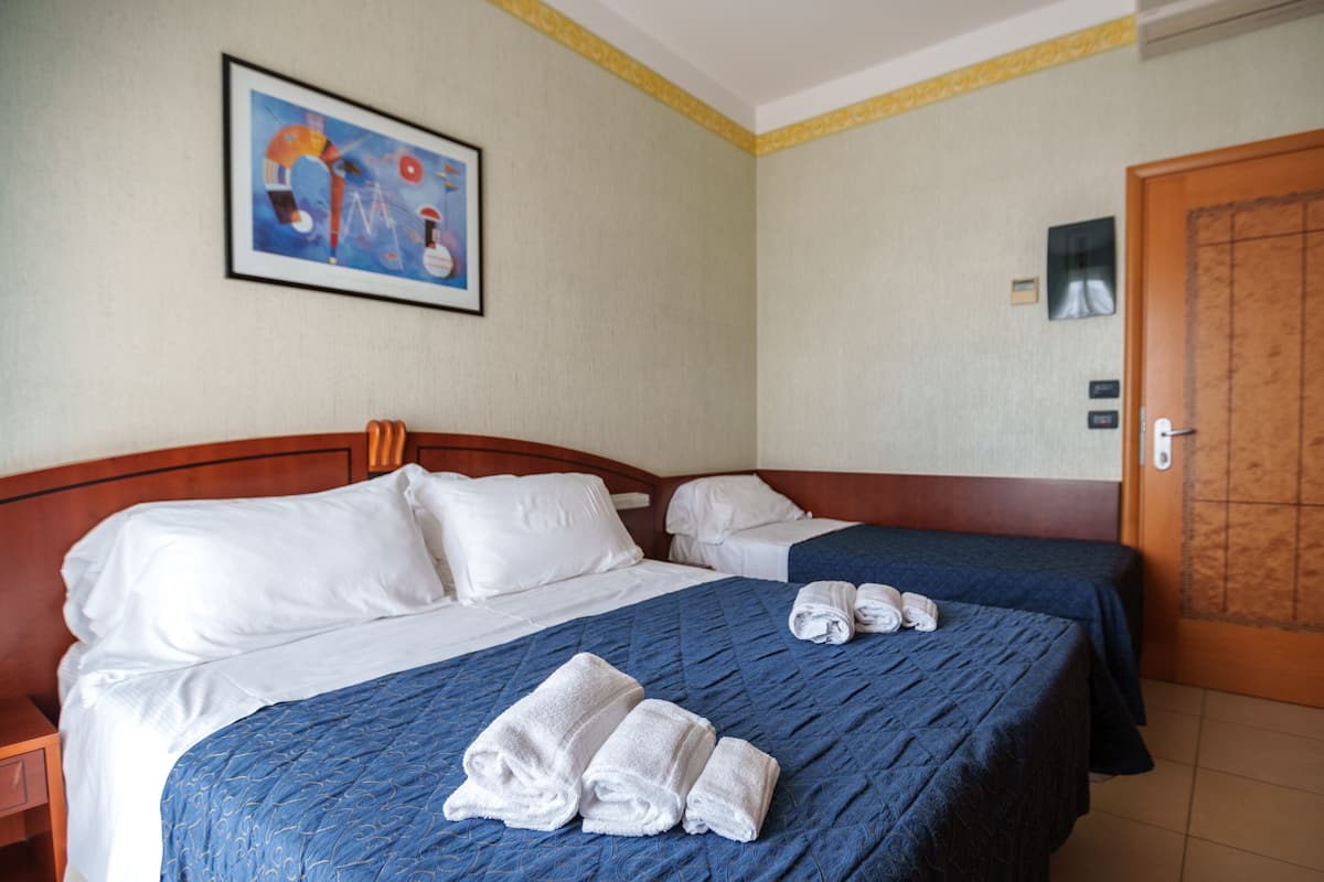 Habitación de hotel con dos camas, un cuadro en la pared y una puerta con panel texturizado.